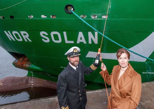 Nor Solan Captain Svanur Saevarsson with vessel 'godmother' Gennette George