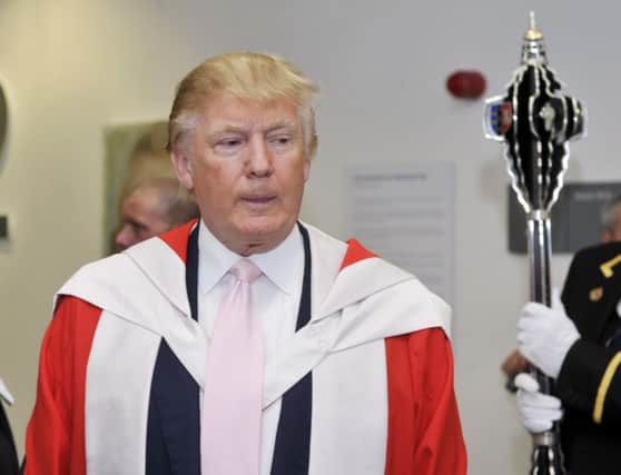 Donald Trump receives an honorary degree from Robert Gordon University in 2010, which has now been rescinded. Picture: Dan Phillips/TSPL