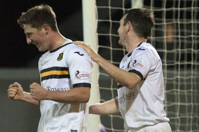 08/12/15 WILLIAM HILL SCOTTISH CUP 3RN RND   DUMBARTON v ALLOA   THE CHEAPER INSURANCE DIRECT STADIUM - DUMBARTON   Dumbarton's Jordan Kirkpatrick celebrates after scoring his side's fifth.