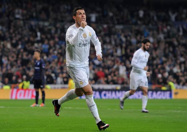 Ronaldo celebrates after scoring Real's 6th goal against Malmo FF at the Santiago Bernabeu stadium. Picture: Getty Images