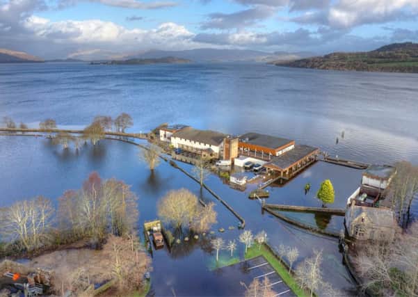 The Duck Bay Hotel at Loch Lomond was marooned yesterday. Picture: Aye in The Sky