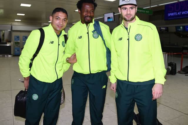 Celtic's Emilio Izaguirre, Efe Ambrose and Nadir Ciftci prepare for departure to Turkey. Picture: Rob Casey/SNS