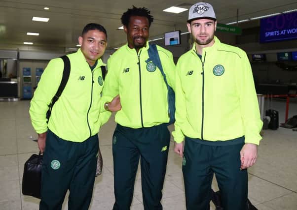 Celtic's Emilio Izaguirre, Efe Ambrose and Nadir Ciftci prepare for departure to Turkey. Picture: Rob Casey/SNS