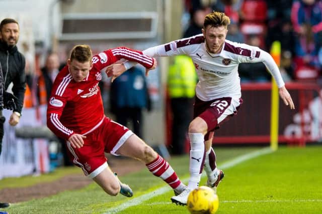 Aberdeen's Jonny Hayes (left) battles with Jordan McGhee, pre-handball. Picture: SNS