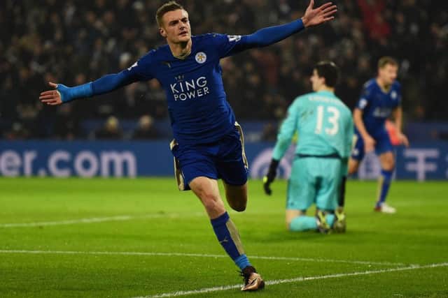 Jamie Vardy wheels away after scoring the opening goal. Picture: Getty Images