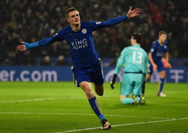 Jamie Vardy wheels away after scoring the opening goal. Picture: Getty Images