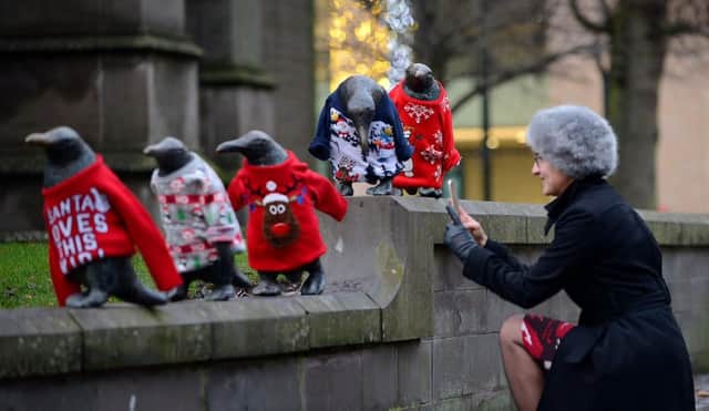 The Penguin statues in Dundee dressed in Christmas jumpers as part of Macmillan's  Text Santa Christmas appeal.