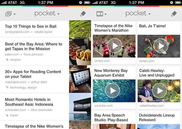 Pocket allows the user to log articles and links from social media and email all in one place. Image: Pocket
