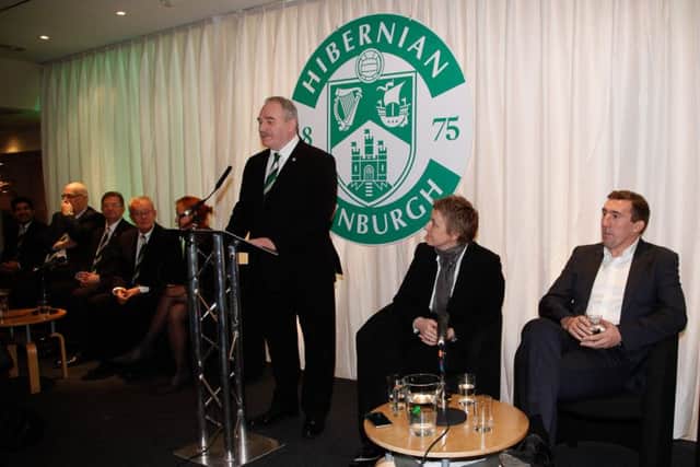 Hibs chairman Rod Petrie speaks at the AGM, as chief executive Leeann Dempster, centre, and head coach Alan Stubbs wait their turns. Picture: Scott Louden