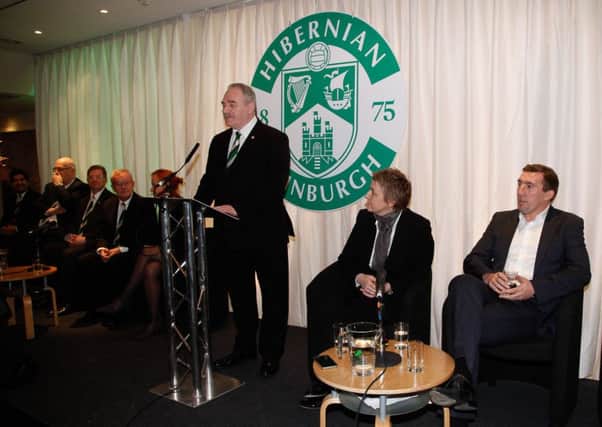 Hibs chairman Rod Petrie speaks at the AGM, as chief executive Leeann Dempster, centre, and head coach Alan Stubbs wait their turns. Picture: Scott Louden