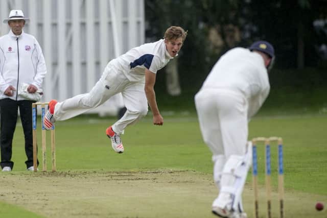 Brad Wheal, playing for a Cricket Scotland Development XI, bowls to the MCC'st Evan Flowers. Picture: Donald MacLeod