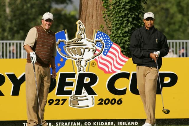 USA team-mates Tiger Woods, right, and Phil Mickeslon tee off from the 10th tee at the K Club in Ireland in 2006. Picture: Getty Images.