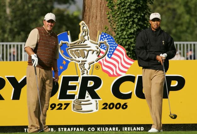 USA team-mates Tiger Woods, right, and Phil Mickeslon tee off from the 10th tee at the K Club in Ireland in 2006. Picture: Getty Images.