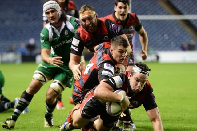 John Hardie goes over to score Edinburgh's winning try. Picture: SNS