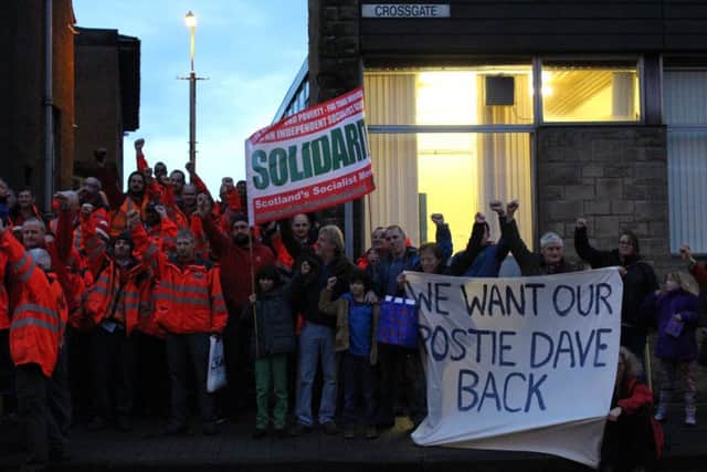 Postal workers on strike at the Royal Mail delivery office in Cupar, Fife. Picture: Hilary Lumsden