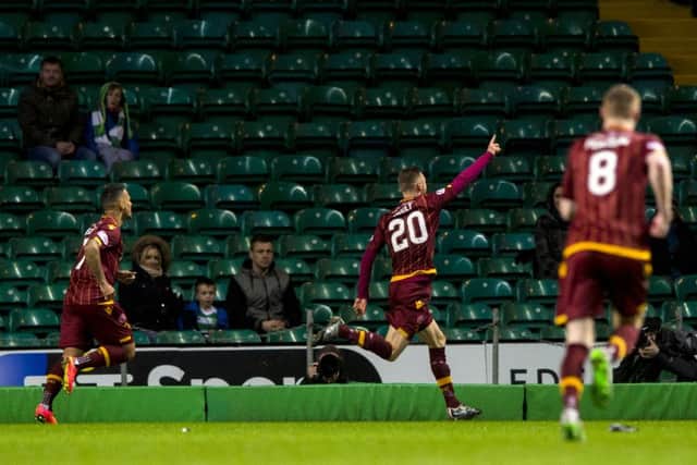Motherwell's Louis Moult (20) celebrates having pulled back an equaliser for his side. Picture: SNS