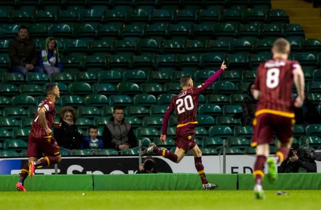 Motherwell's Louis Moult (20) celebrates having pulled back an equaliser for his side. Picture: SNS