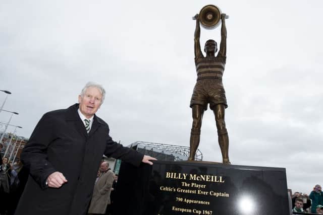 Billy McNeill alongside the bronze statue of him outside Celtic Park before Saturdays game against Motherwell. Picture: SNS
