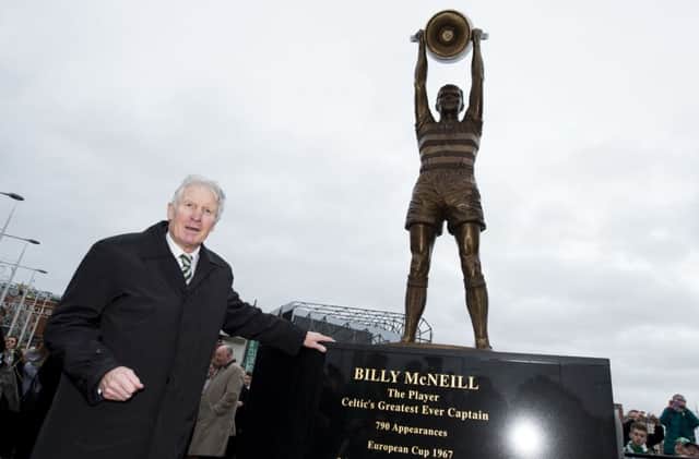 Billy McNeill alongside the bronze statue of him outside Celtic Park before Saturdays game against Motherwell. Picture: SNS