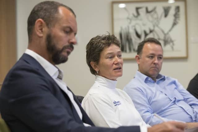 Andrew Coltart, Catriona Matthew and Stephen Docherty,  Scottish Golfs performance director, at the annual sit-down with the Press in Edinburgh. Picture: Kenny Smith