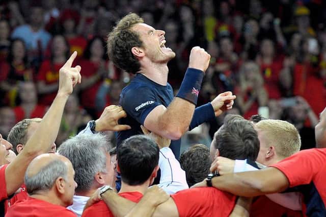 Andy Murray celebrates winning his match with team-mates after winning the Davis Cup. Picture: Jane Barlow