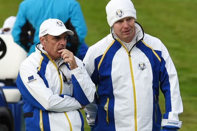 European captain Paul McGinley chats with Stephen Gallacher at last year's Ryder Cup at Gleneagles. Picture: Ian Rutherford
