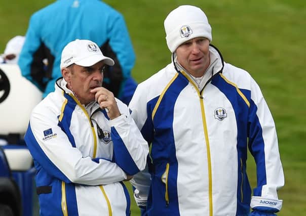 European captain Paul McGinley chats with Stephen Gallacher at last year's Ryder Cup at Gleneagles. Picture: Ian Rutherford