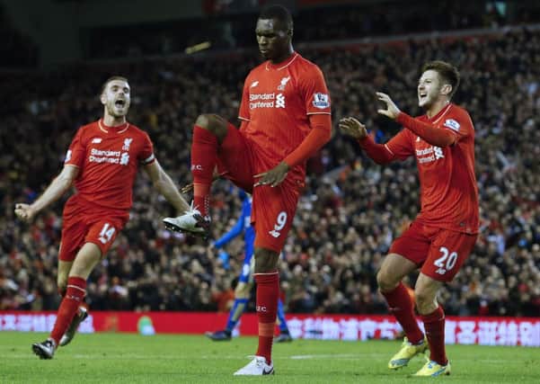 Christian Benteke celebrates after scoring against Leicester. Picture: AFP/Getty Images