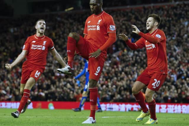 Christian Benteke celebrates after scoring against Leicester. Picture: AFP/Getty Images