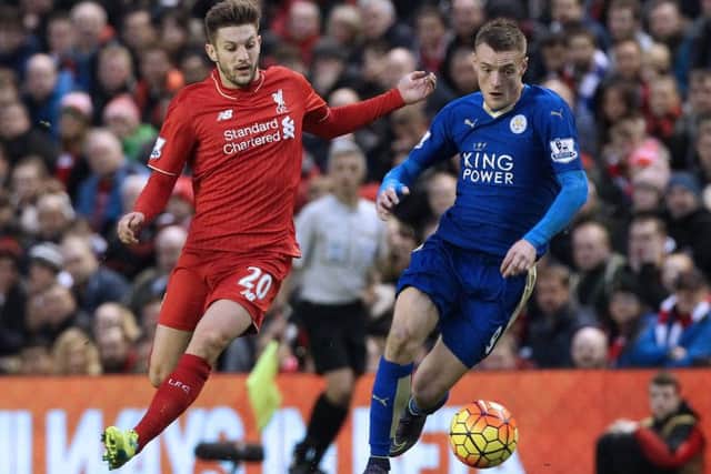 Jamie Vardy shields the ball from Liverpool's Adam Lallana. The Foxes striker drew a blank at Anfield. Picture: Getty Images