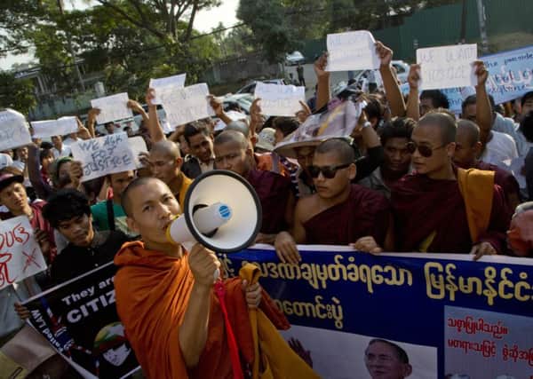 A Buddhist monk delivers a speech at a demonstration over the Thai court verdict on the murder of two British backpackers. Picture: AP