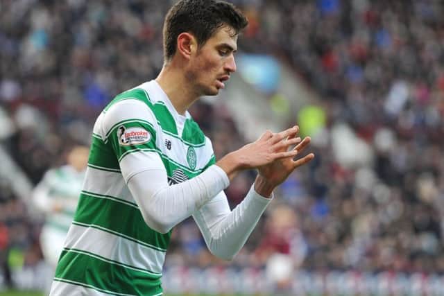 Nir Bitton celebrates after scoring Celtic's first goal. Picture: PA/Ian Rutherford