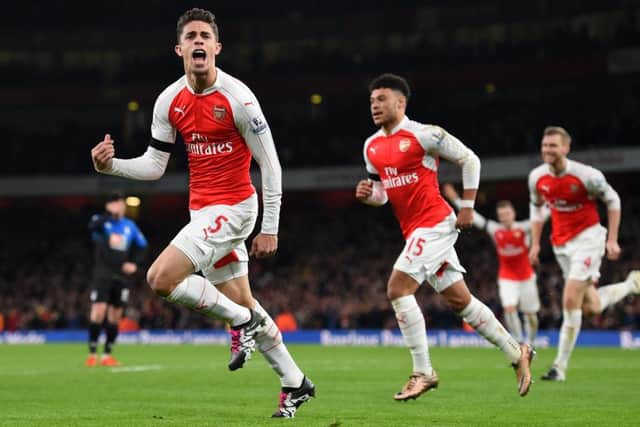 Gabriel celebrates scoring his team's first at the Emirates Stadium. Picture: Getty