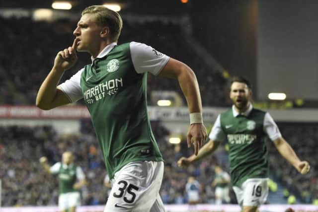Jason Cummings, who is a target for Burnley, celebrates his goal against Rangers. Picture: SNS Group