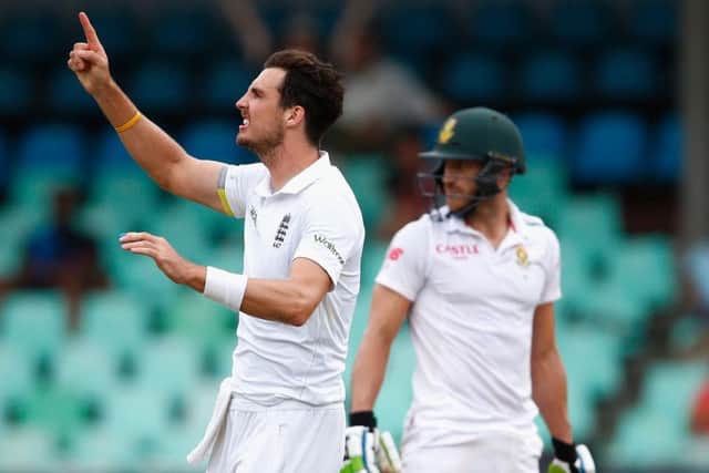 Englands Steven Finn celebrates taking the wicket of Faf du Plessis during day four of the first Test. Picture: Getty