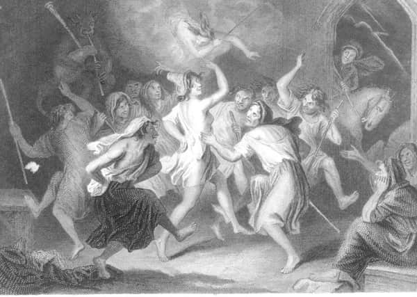 Scottish witches dance to the sound of diabolical bagpipes at North Berwick before flying off to the Sabbat.
Illustration by J.M.Wright (for Burns poems)