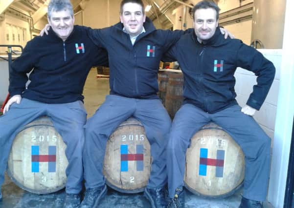 From left: distillery workers Domhnall Macleod, Billy Fraser and Donnie Macleod with the first Isle of Harris casks