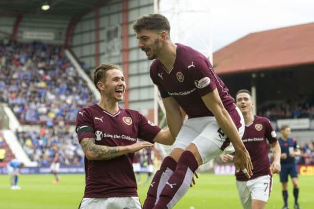 Callum Paterson celebrates with Sam Nicholson. Picture: Ian Rutherford