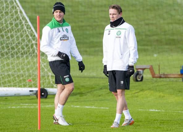 Celtic's Anthony Stokes (left) and Scott Allan at training. Picture: SNS