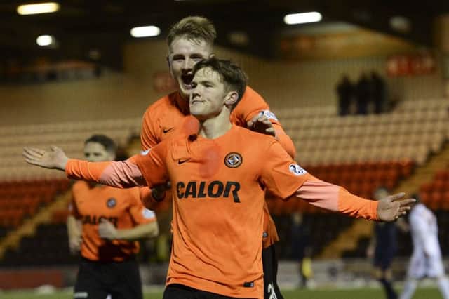 Blair Spittal celebrates his goal at Airdrie on Saturday. Picture: SNS