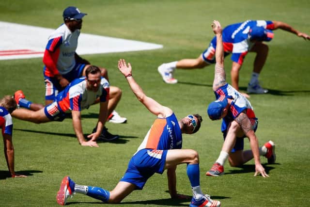 England paceman James Anderson, centre, stretches during a training session at the Wanderers Stadium in Johannesburg ahead of the Third Test which starts today. Picture: Getty