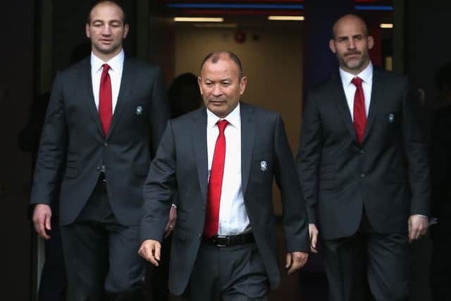 England head coach Eddie Jones,centre, with forwards coach Steve Borthwick, left, and defence coach Paul Gustard at the England squad announcement at Twickenham. Picture: Andrew Redington/Getty Images