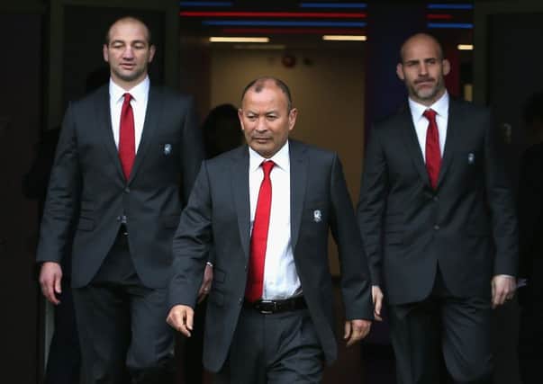 England head coach Eddie Jones,centre, with forwards coach Steve Borthwick, left, and defence coach Paul Gustard at the England squad announcement at Twickenham. Picture: Andrew Redington/Getty Images