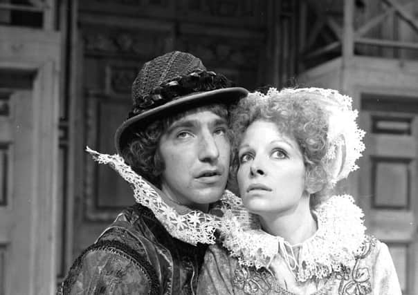 Actors Alan Rickman and Anna Calder-Marshall in a Birmingham Repertory Company production of The Devil is an Ass at the Assembly Halls during the Edinburgh Festival 1976.