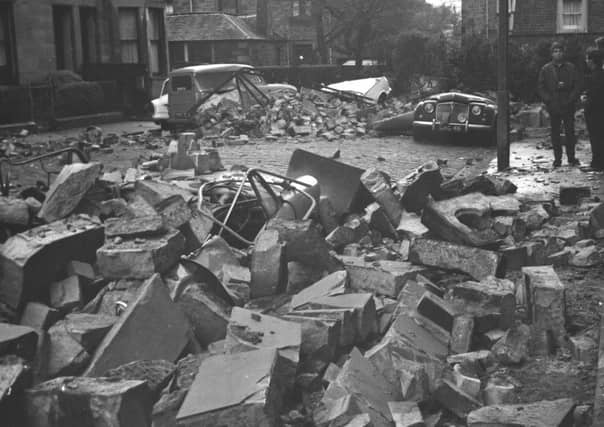 Three cars crushed by fallen masonry in Bruntsfield Gardens after the January gales in Edinburgh in 1968.