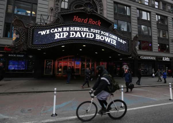 A view of the Times Square Hard Rock Cafe marquee paying tribute to the late rock legend David Bowie. Picture: Getty Images