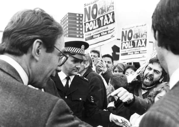 Malcolm Rifkind meets Poll Tax protesters