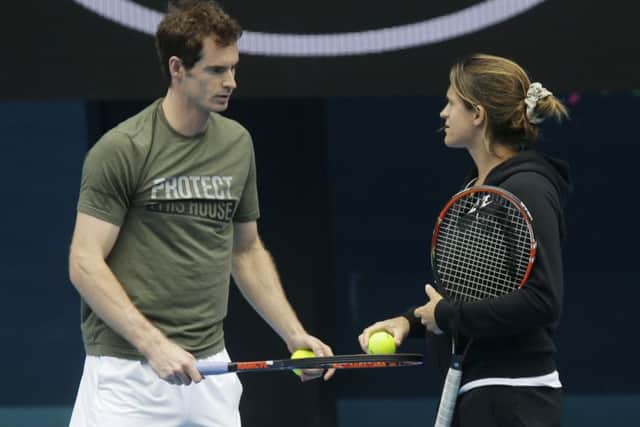Andy Murray talks with coach Amelie Mauresmo during his practice session in Melbourne. Picture: AP
