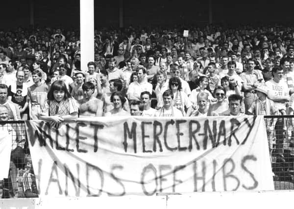Hibs fans protest against Hearts chairman Wallace Mercers bold proposition to merge the two capital clubs to form an Edinburgh super-team in 1990.  Photograph: Crawford Tait