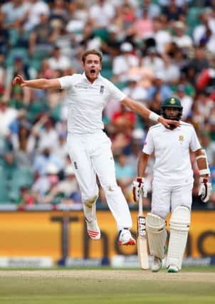 JOHANNESBURG, SOUTH AFRICA - JANUARY 16:  Stuart Broad of England reacts as James Anderson of England nearly catches out Stiaan Van Zyl of South Africa during day three of the 3rd Test at Wanderers Stadium on January 16, 2016 in Johannesburg, South Africa.  (Photo by Julian Finney/Getty Images)